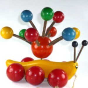 Vintage Kouvalias Greece Wood Caterpillar Pull Toy.Yellow Balls W/ Blk Antennas